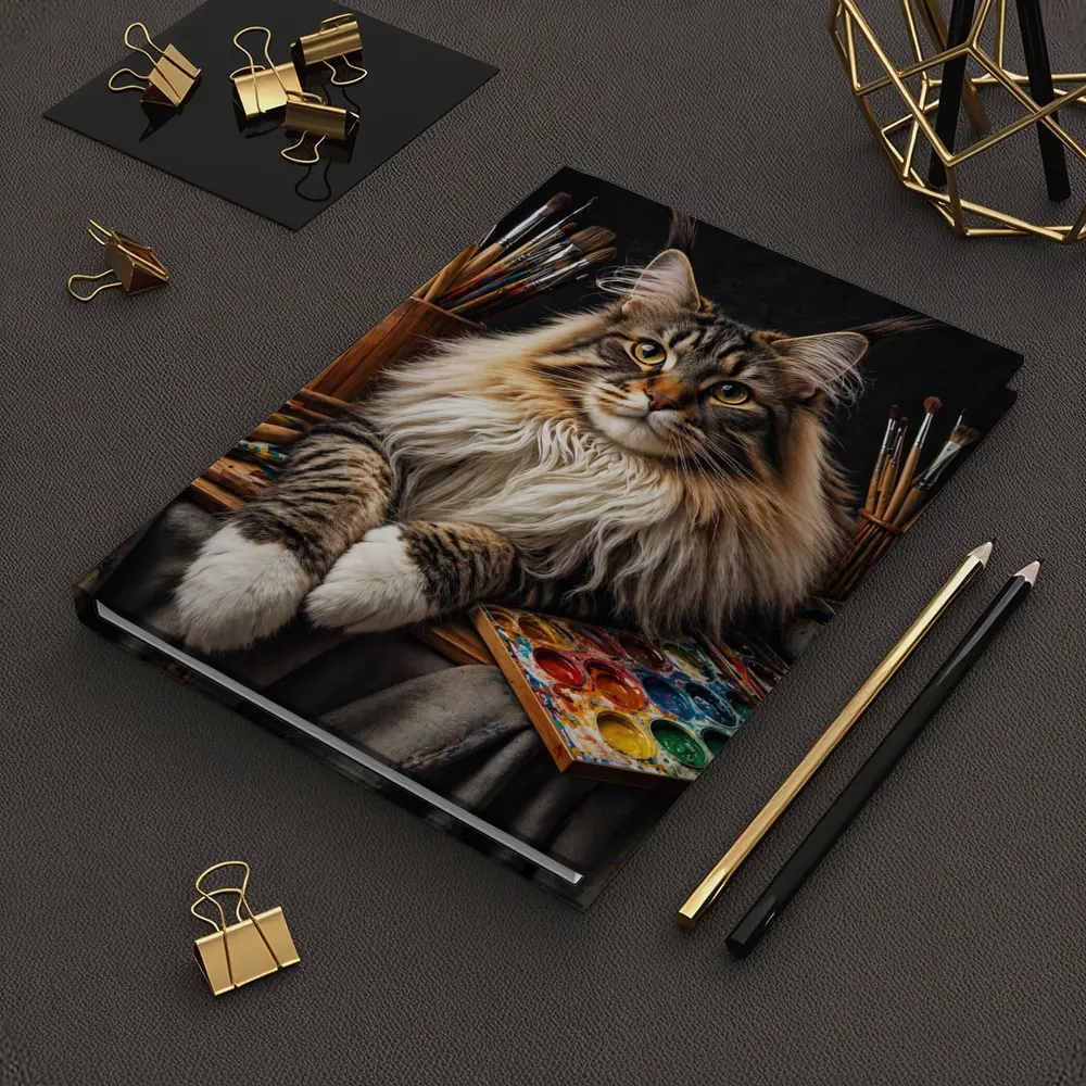 Maine Coon Cat Among Artist Painting Supplies – Notebooks