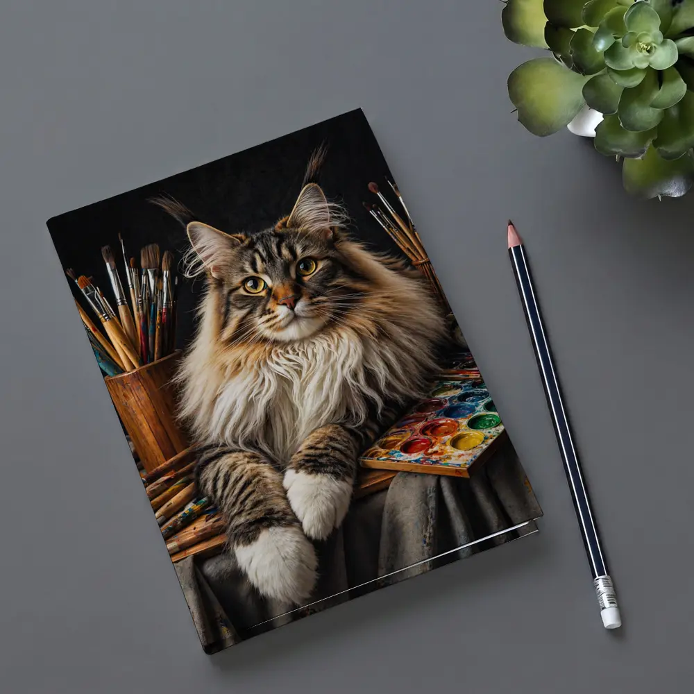 Maine Coon Cat Among Artist Painting Supplies – Notebooks