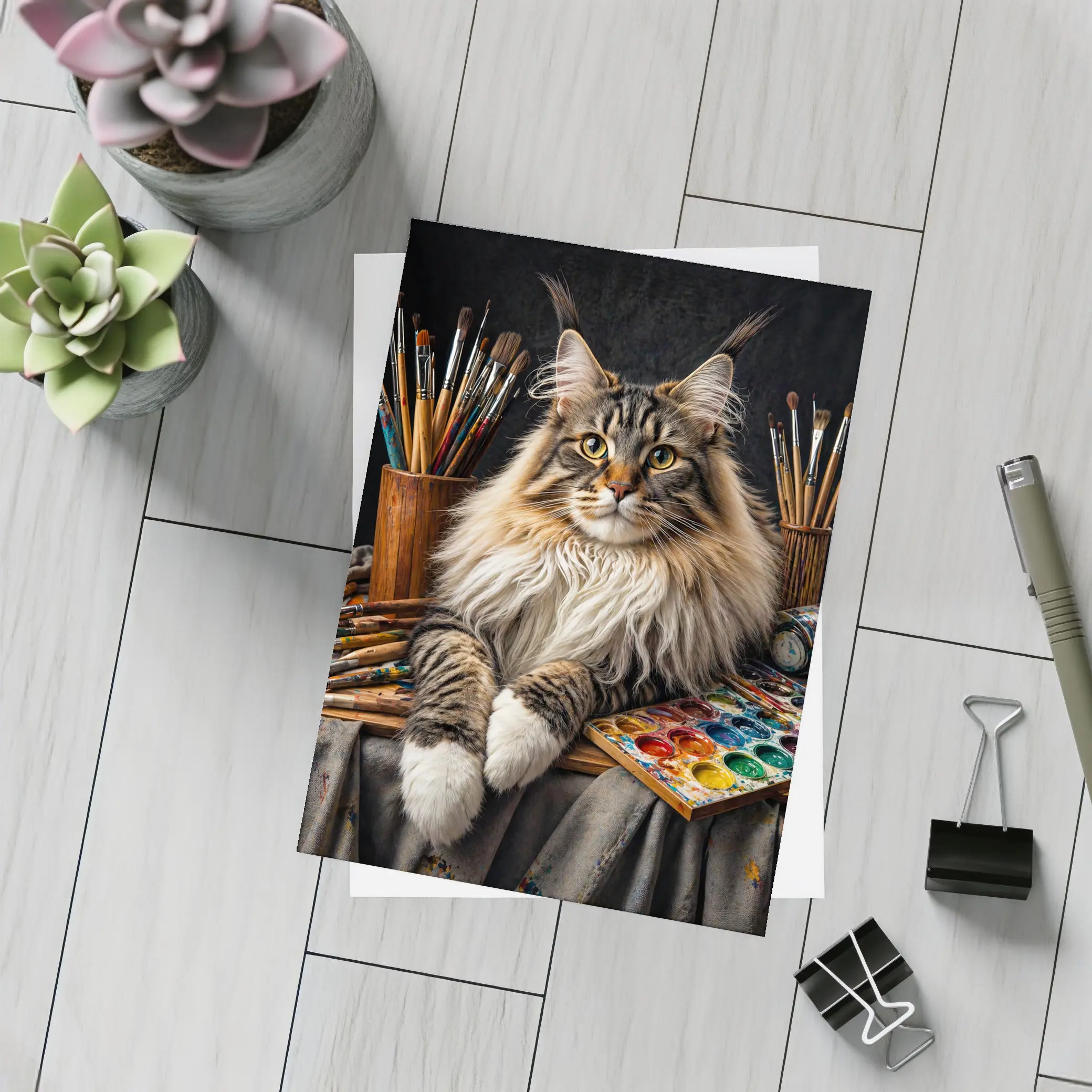 Maine Coon Cat Among Artist Painting Supplies – Postcards