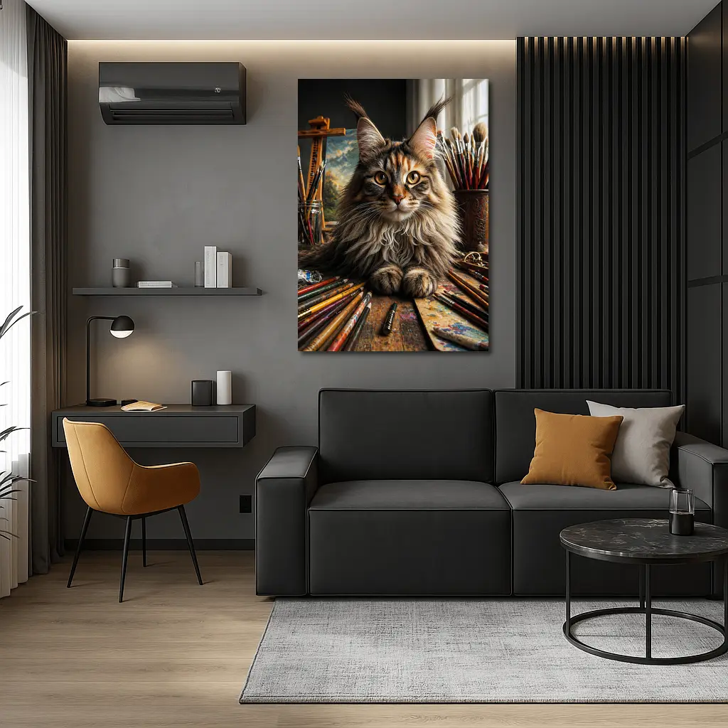 Maine Coon Cat Artist Studio With Brushes – Wall Art