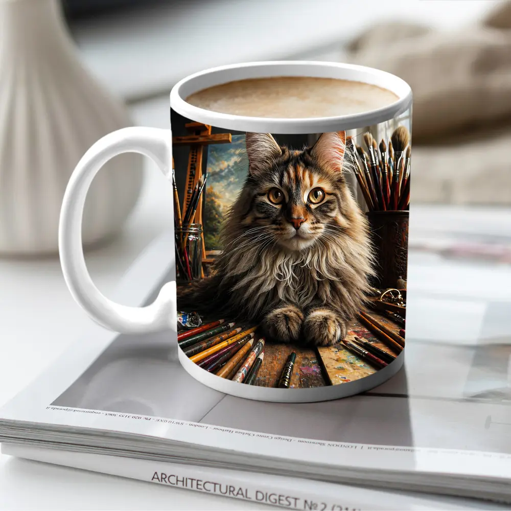 Maine Coon Cat Artist Studio With Brushes – Mugs