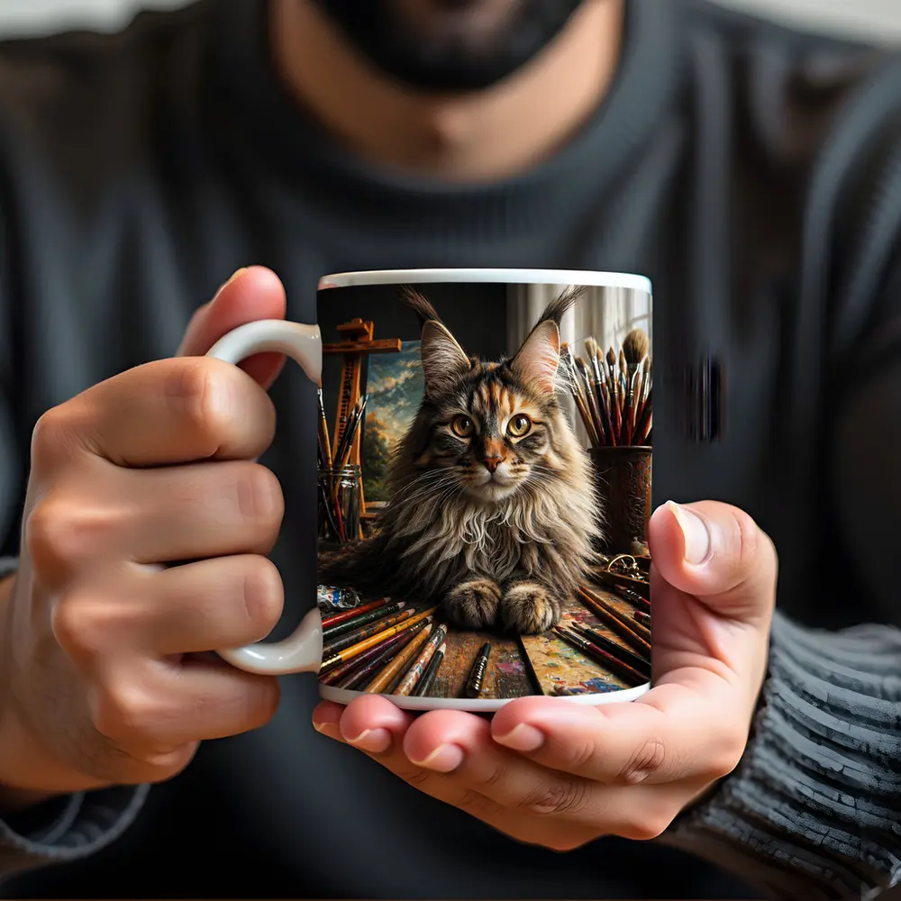 Maine Coon Cat Artist Studio With Brushes – Mugs