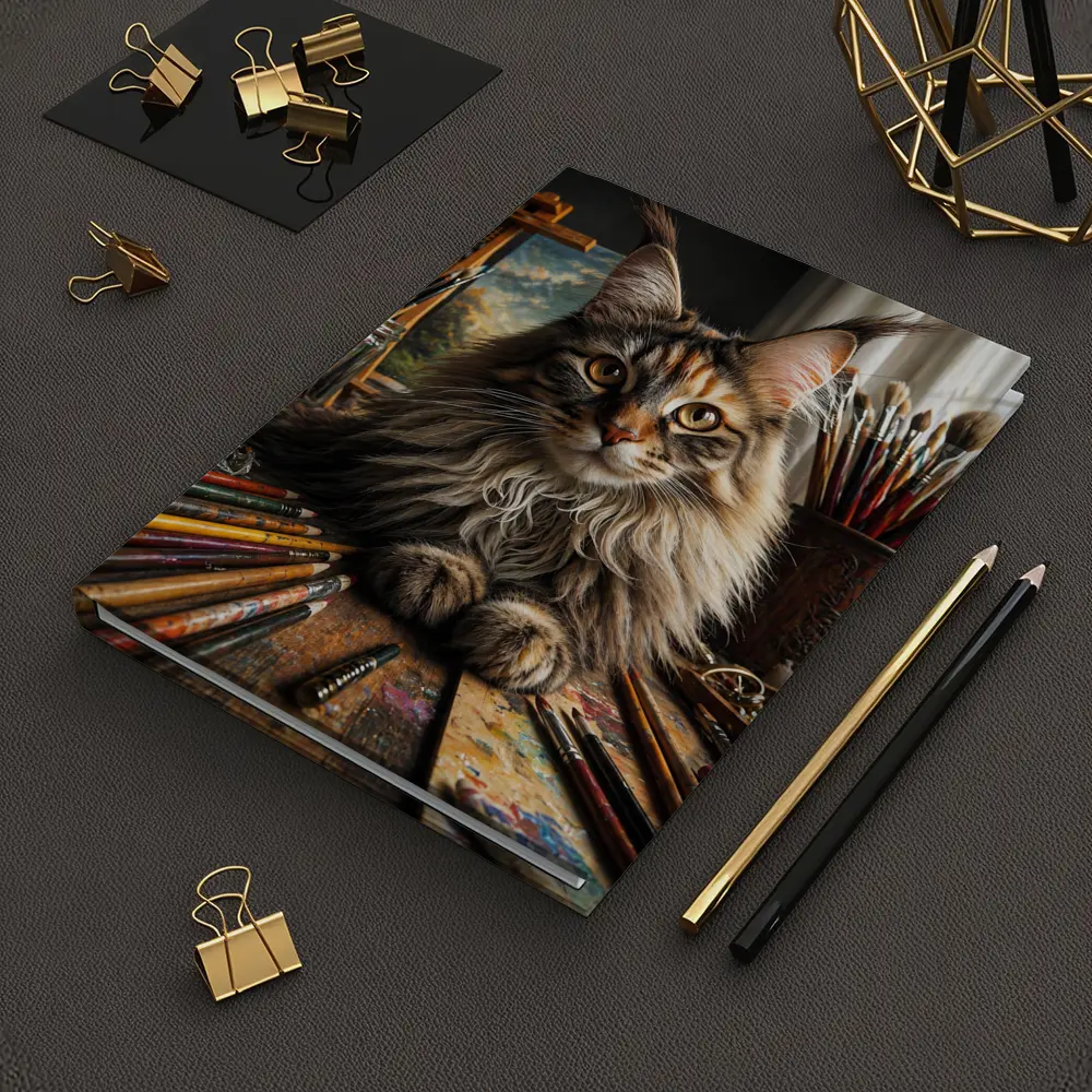 Maine Coon Cat Artist Studio With Brushes – Notebooks