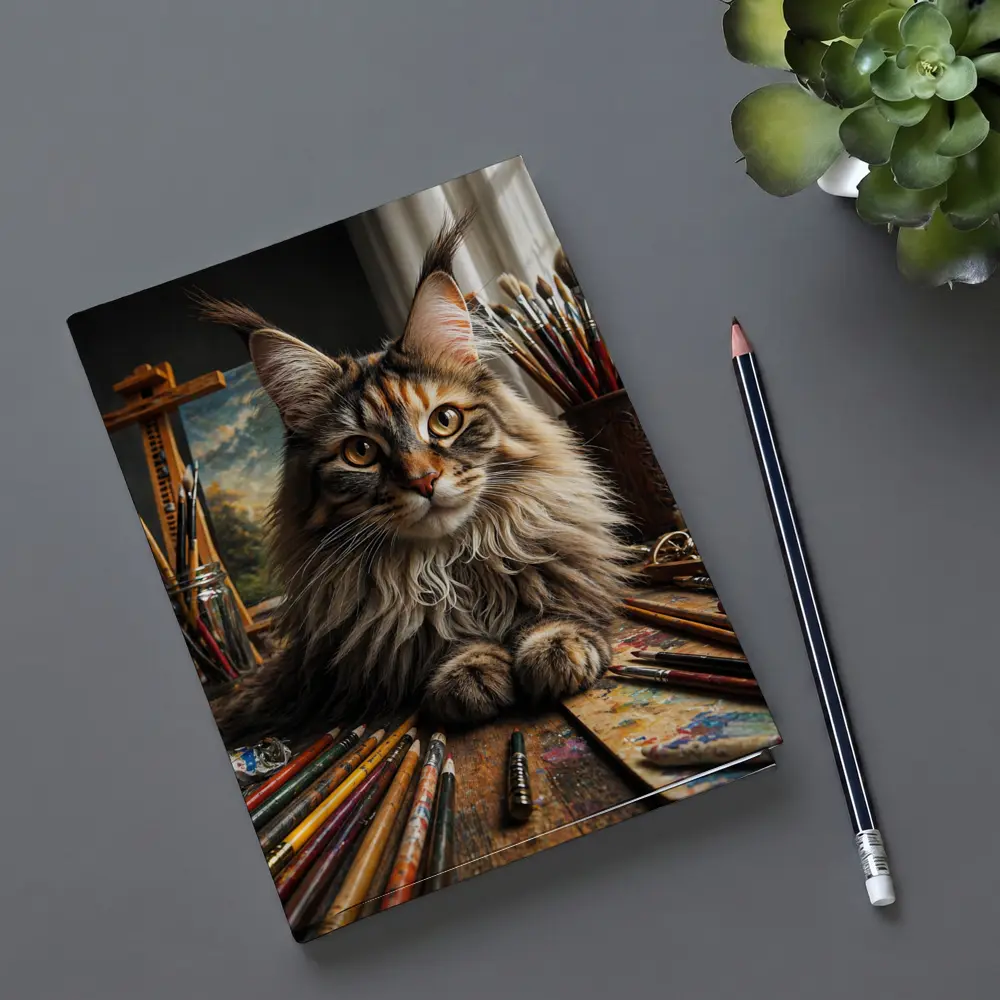 Maine Coon Cat Artist Studio With Brushes – Notebooks