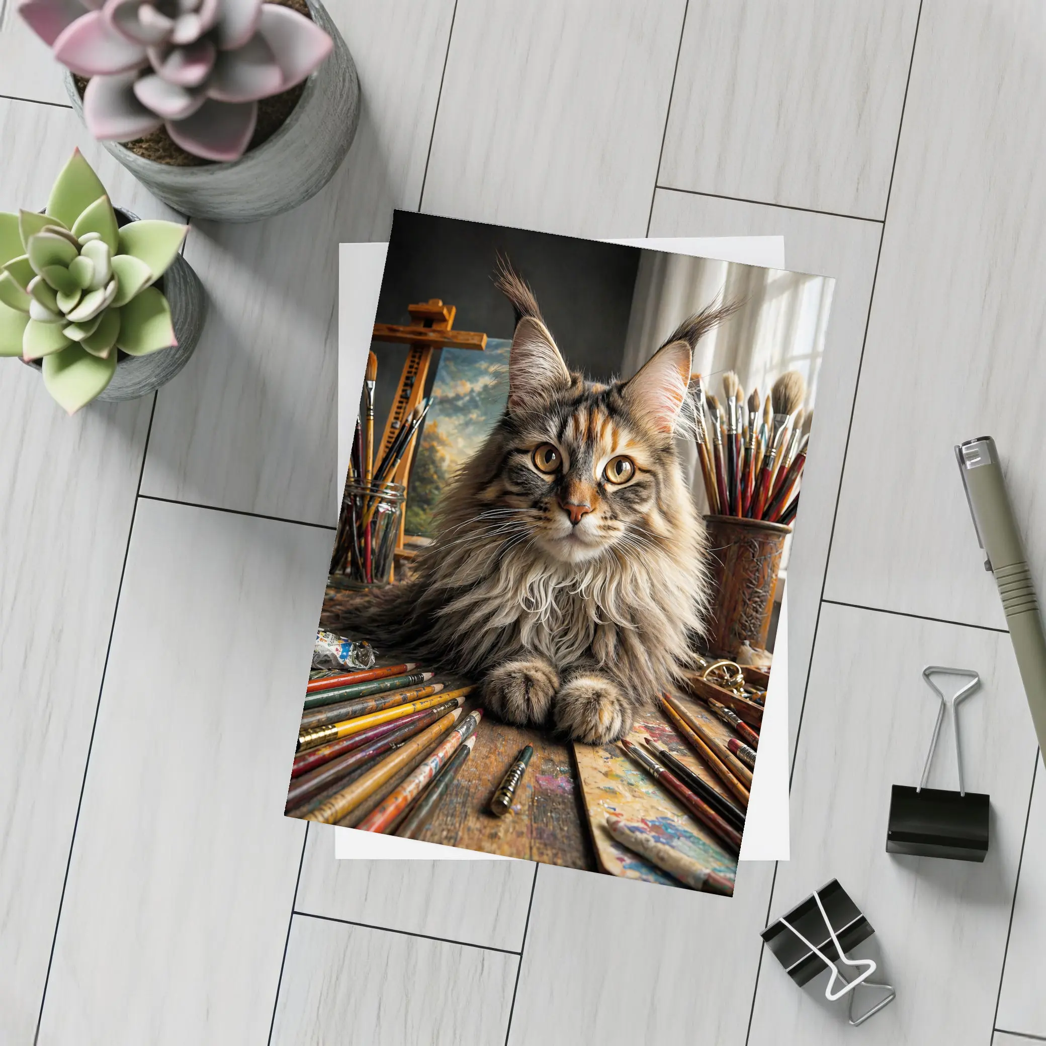 Maine Coon Cat Artist Studio With Brushes – Postcards
