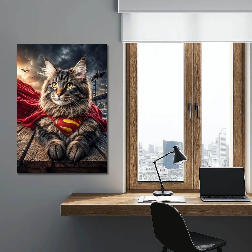 Maine Coon Cat Superman Cape City Night – Wall Art