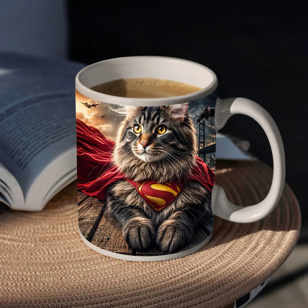 Maine Coon Cat Superman Cape City Night – Mugs
