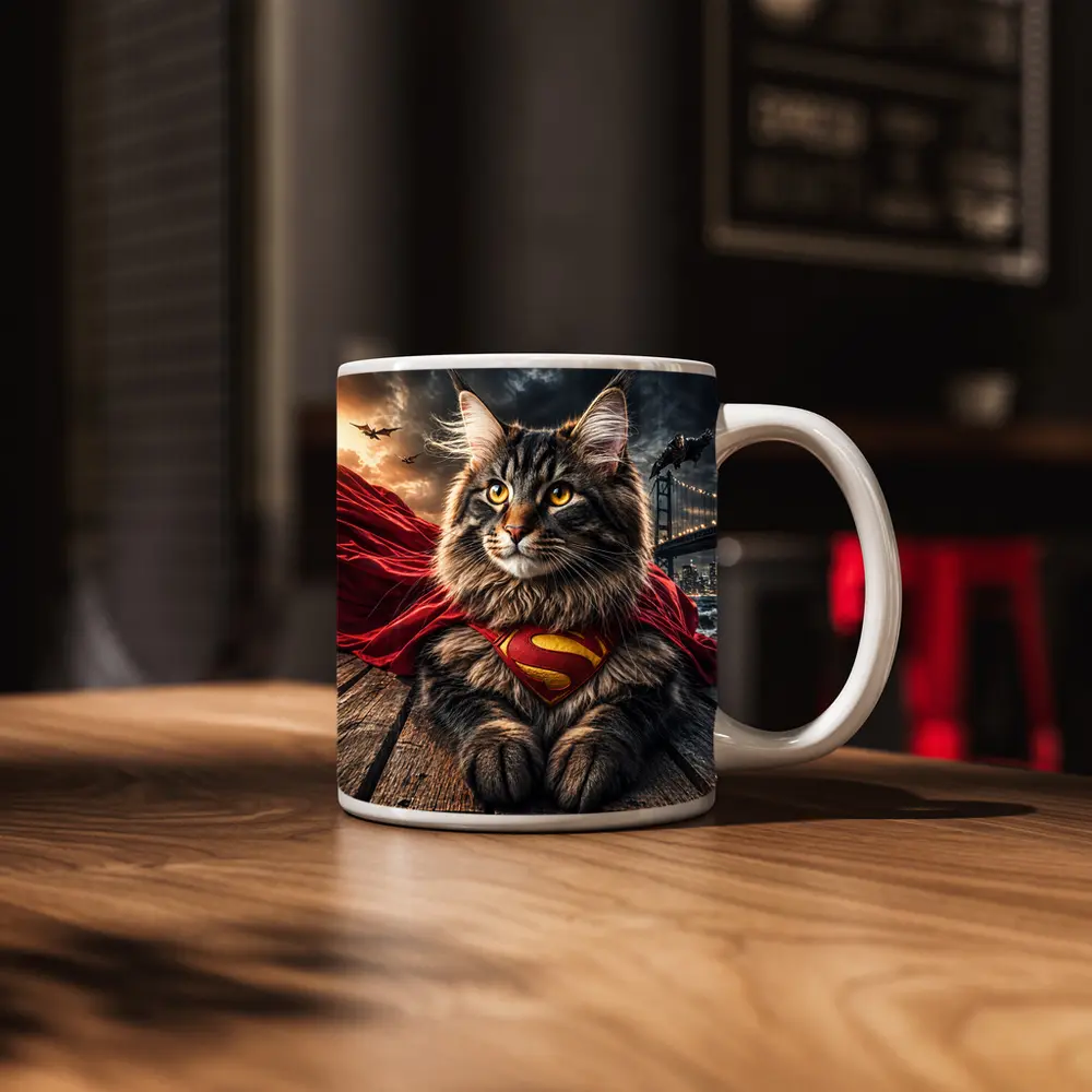 Maine Coon Cat Superman Cape City Night – Mugs