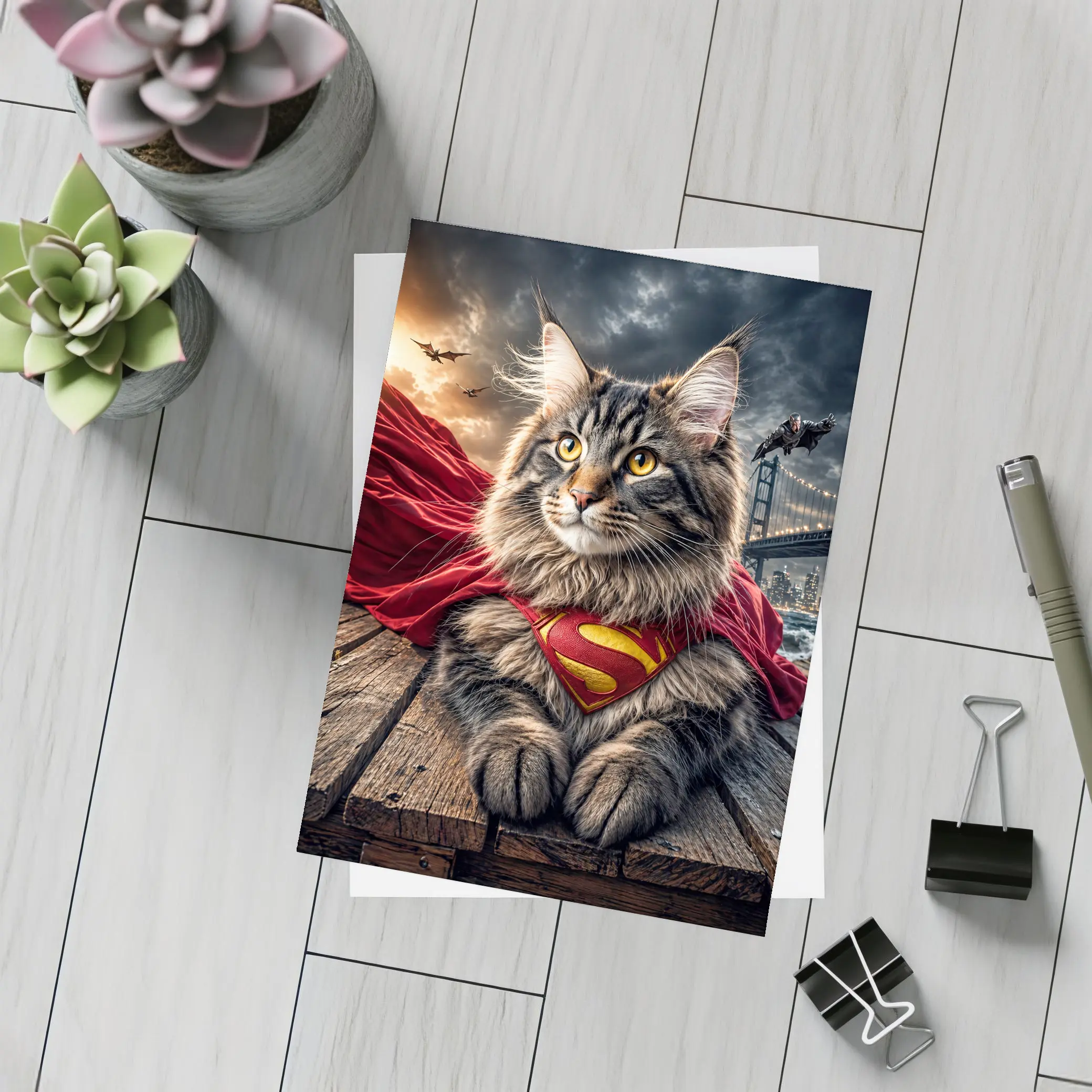Maine Coon Cat Superman Cape City Night – Postcards