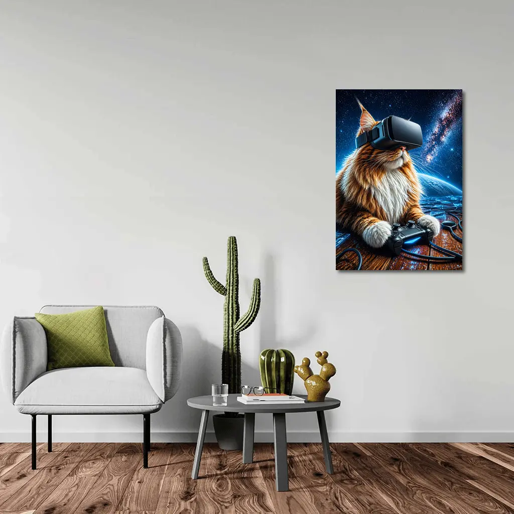 Maine Coon Cat Gaming in Outer Space – Wall Art