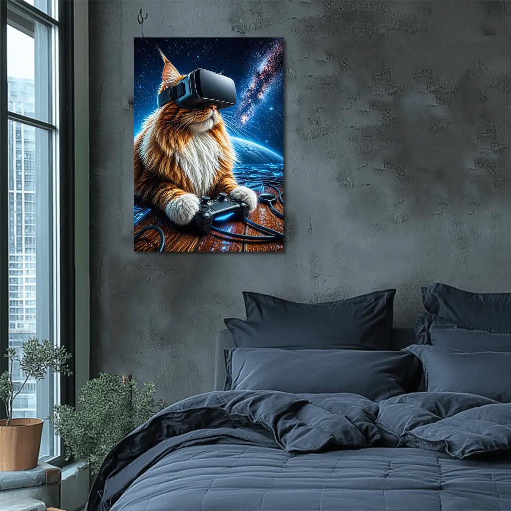 Maine Coon Cat Gaming in Outer Space – Wall Art