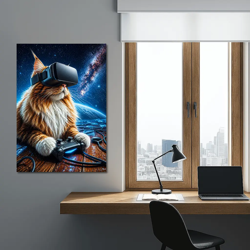 Maine Coon Cat Gaming in Outer Space – Wall Art