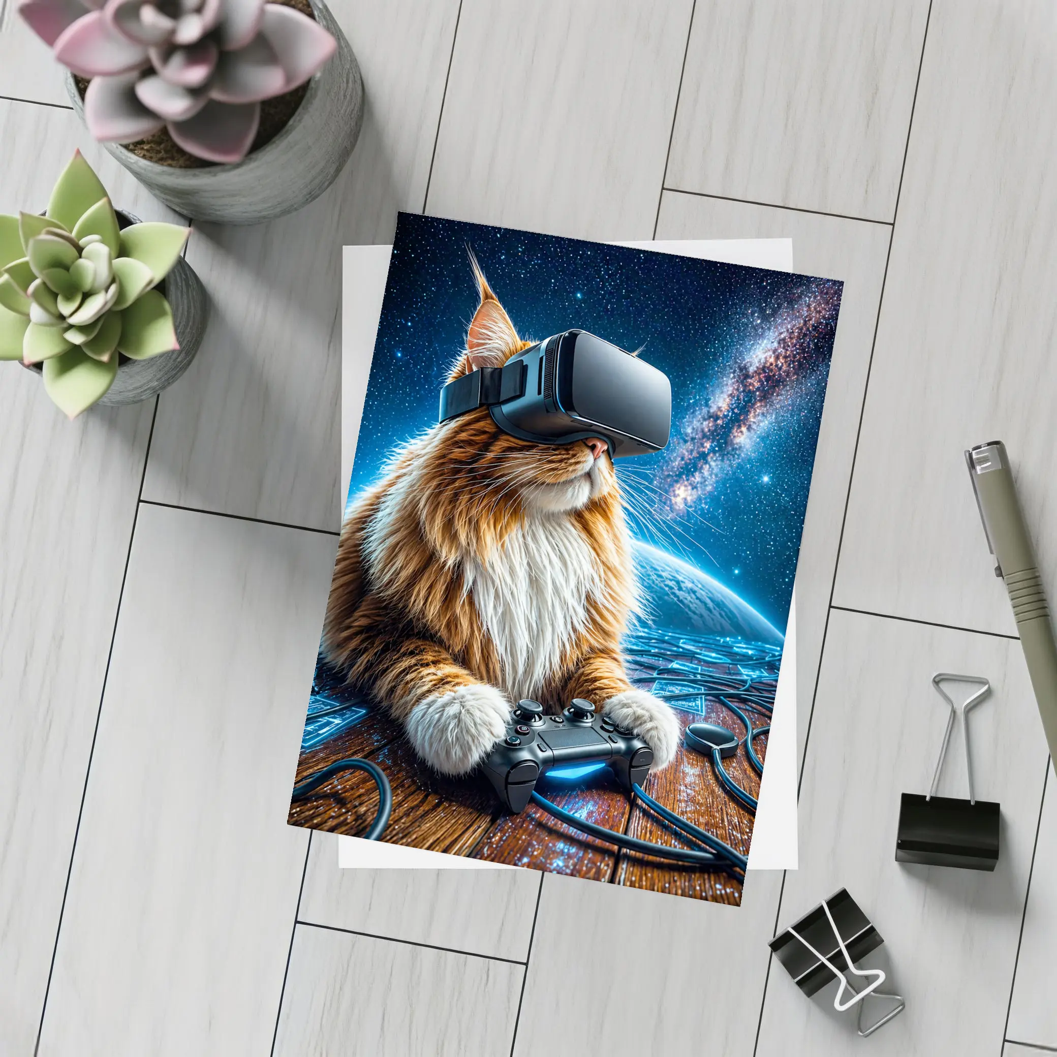 Maine Coon Cat Gaming in Outer Space – Postcards