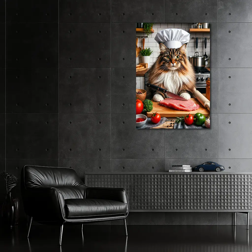 Maine Coon Chef Cat Kitchen Cooking Scene – Wall Art