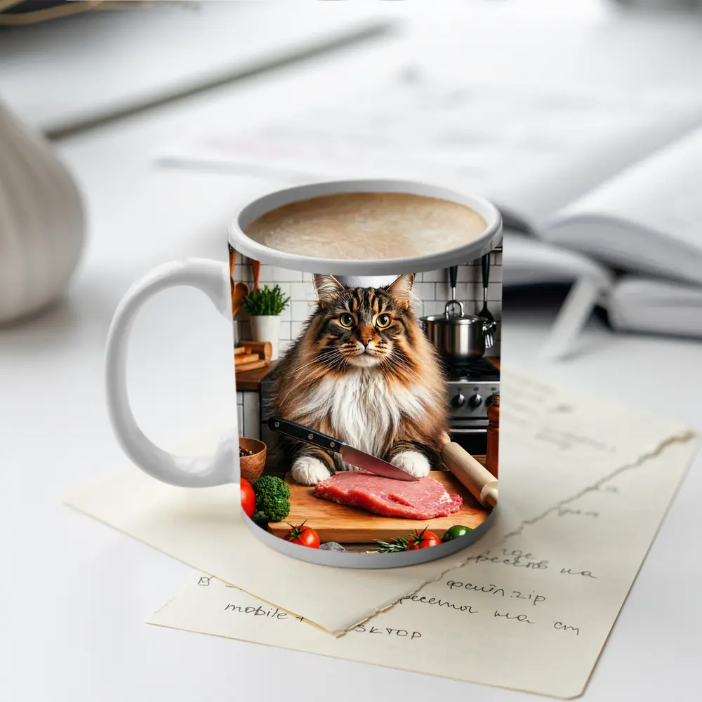 Maine Coon Chef Cat Kitchen Cooking Scene – Mugs