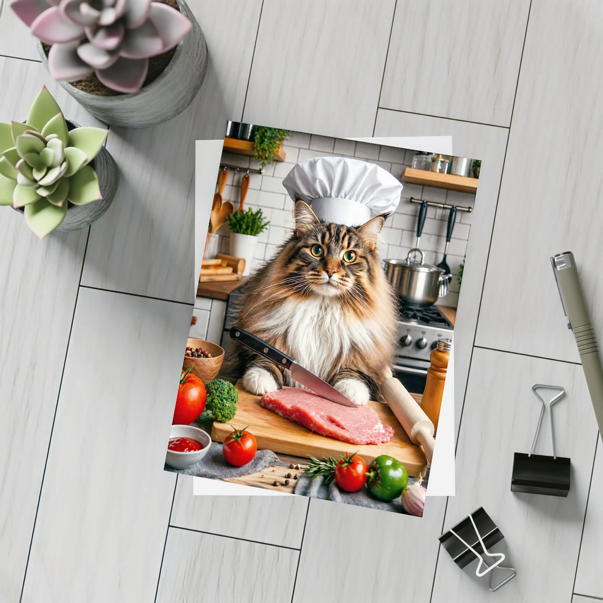 Maine Coon Chef Cat Kitchen Cooking Scene – Postcards