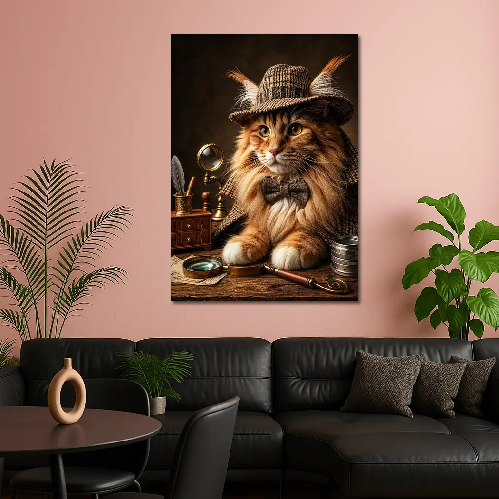 Maine Coon Cat Detective Vintage Mystery Portrait – Wall Art