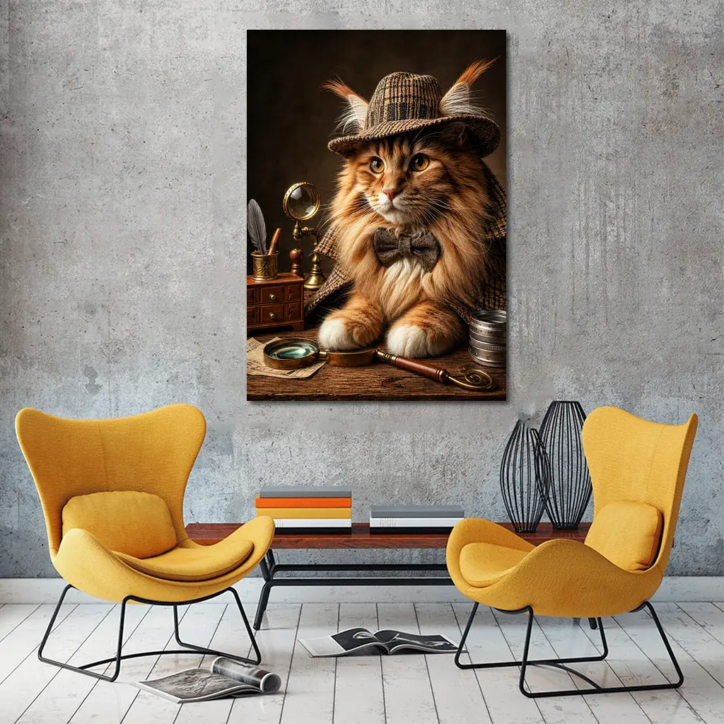 Maine Coon Cat Detective Vintage Mystery Portrait – Wall Art