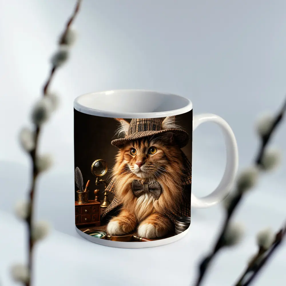 Maine Coon Cat Detective Vintage Mystery Portrait – Mugs