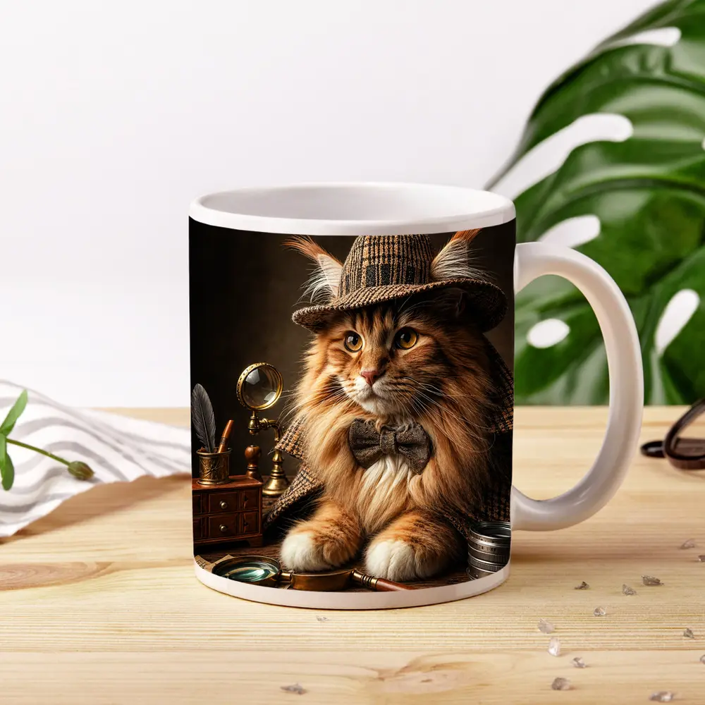 Maine Coon Cat Detective Vintage Mystery Portrait – Mugs