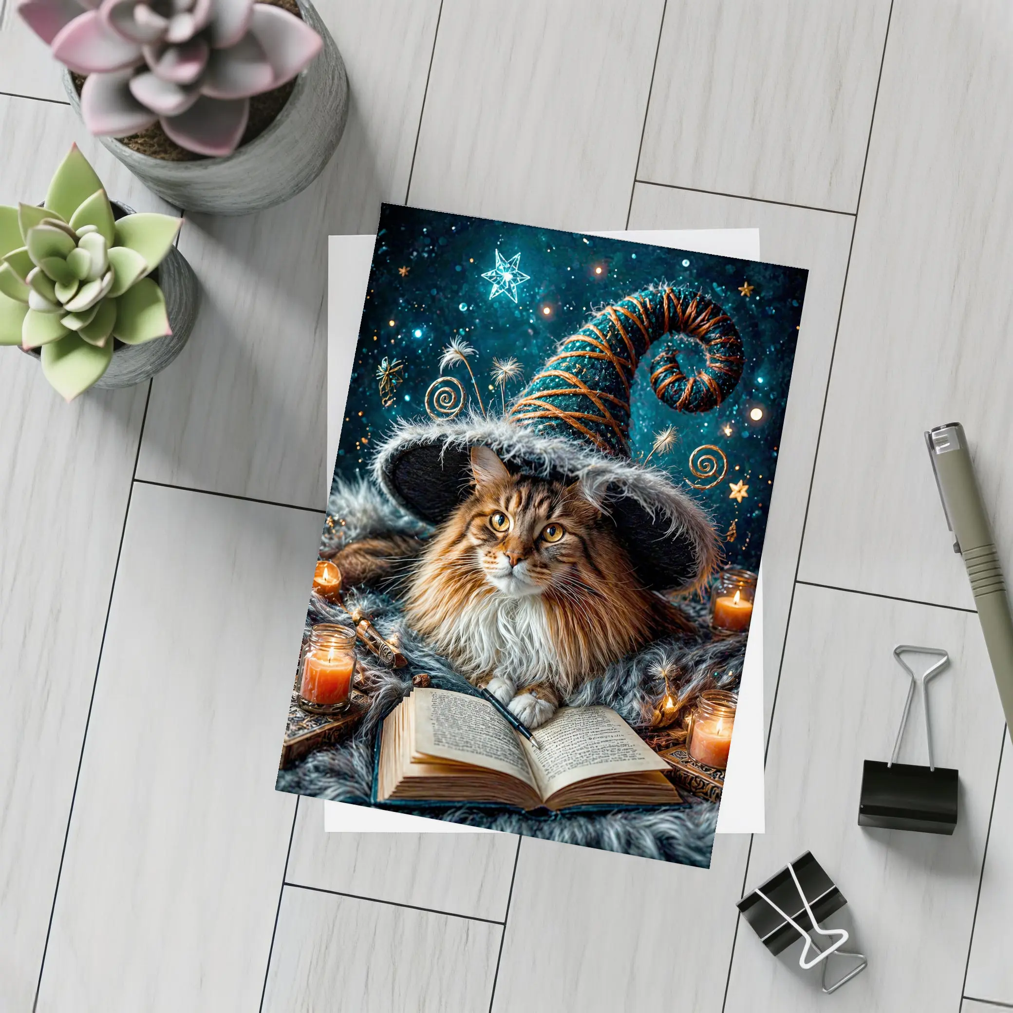 Maine Coon Wizard Cat Stars Candles – Postcards