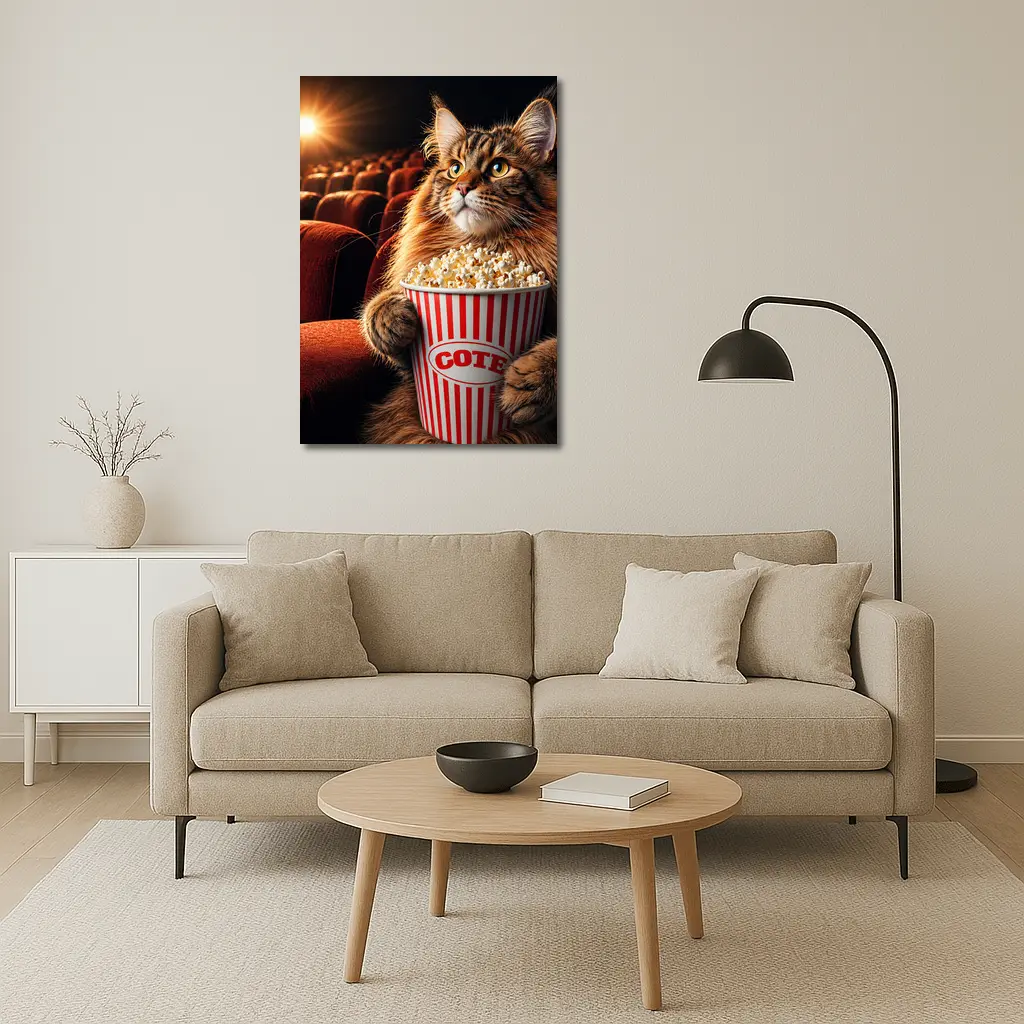 Maine Coon Cat Watching Movie With Popcorn – Wall Art