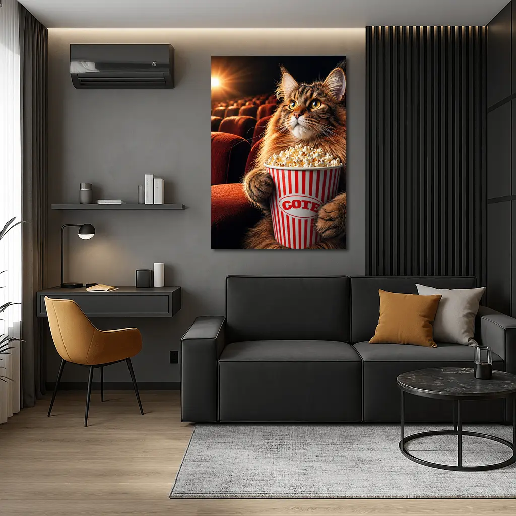 Maine Coon Cat Watching Movie With Popcorn – Wall Art