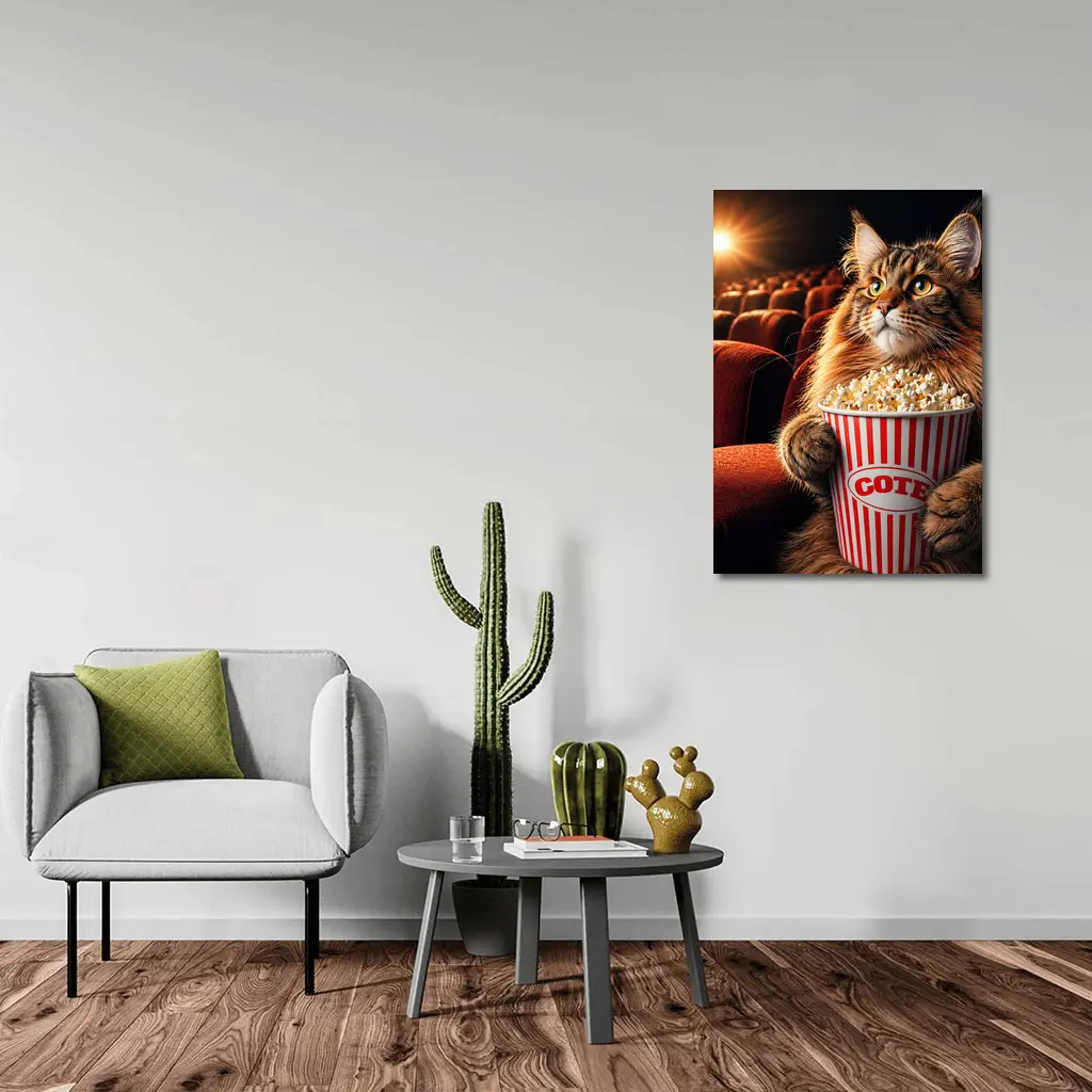 Maine Coon Cat Watching Movie With Popcorn – Wall Art
