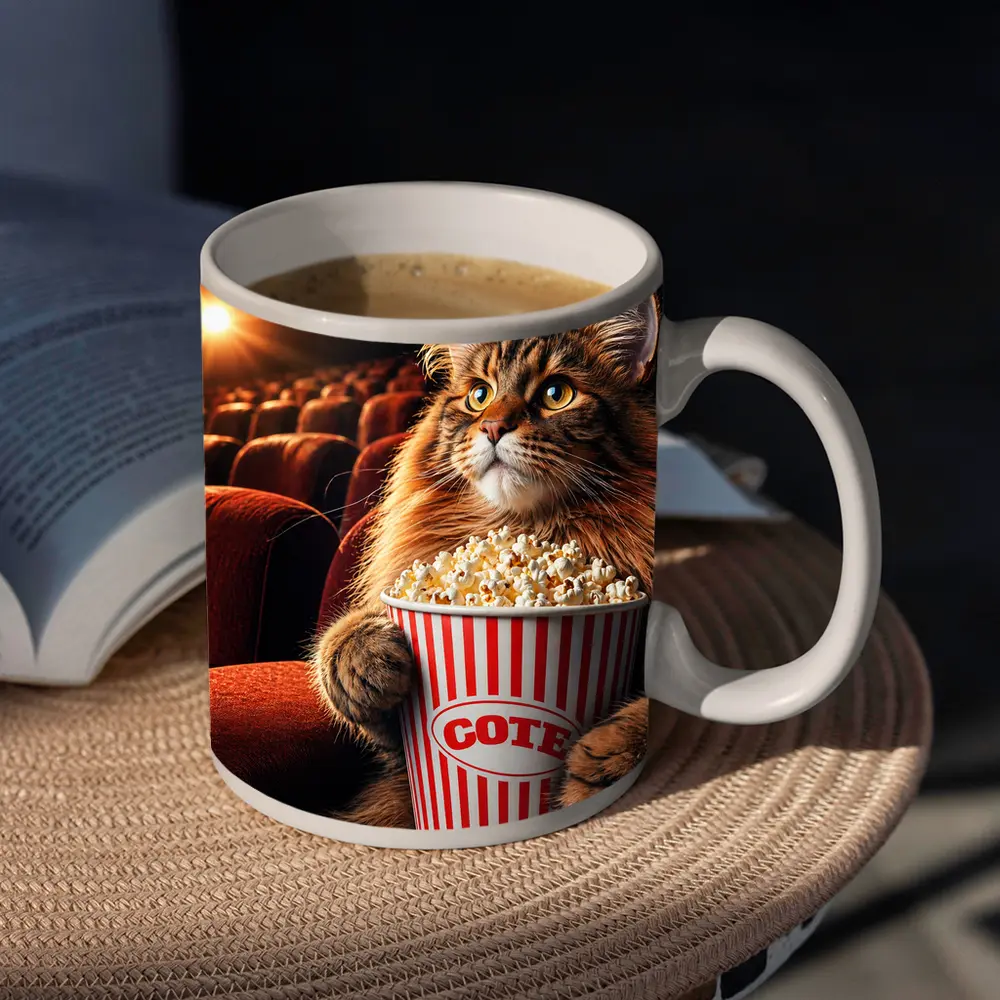Maine Coon Cat Watching Movie With Popcorn – Mugs