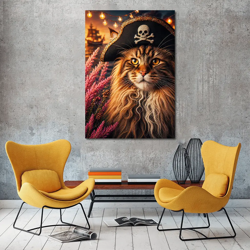 Maine Coon Pirate Cat Sunset Ship Scene – Wall Art