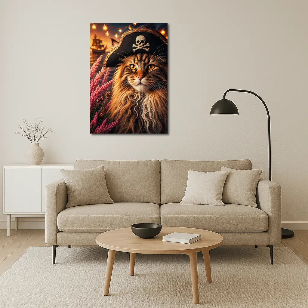 Maine Coon Pirate Cat Sunset Ship Scene – Wall Art