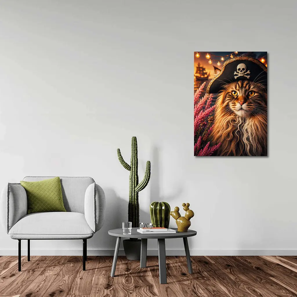 Maine Coon Pirate Cat Sunset Ship Scene – Wall Art