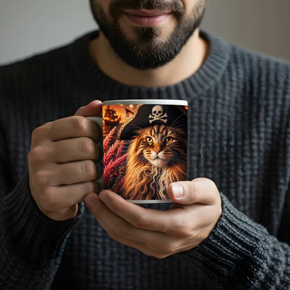 Maine Coon Pirate Cat Sunset Ship Scene – Mugs