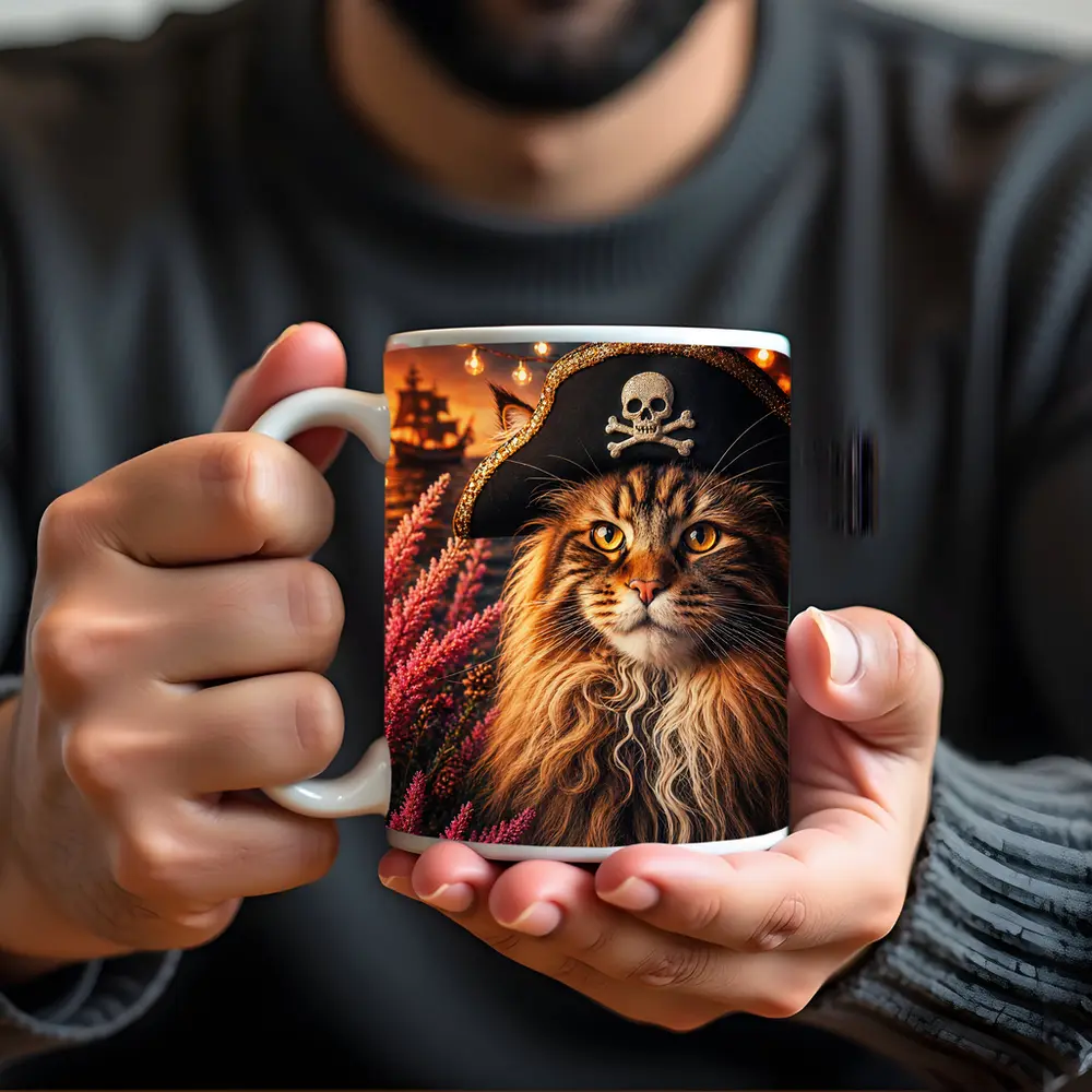 Maine Coon Pirate Cat Sunset Ship Scene – Mugs