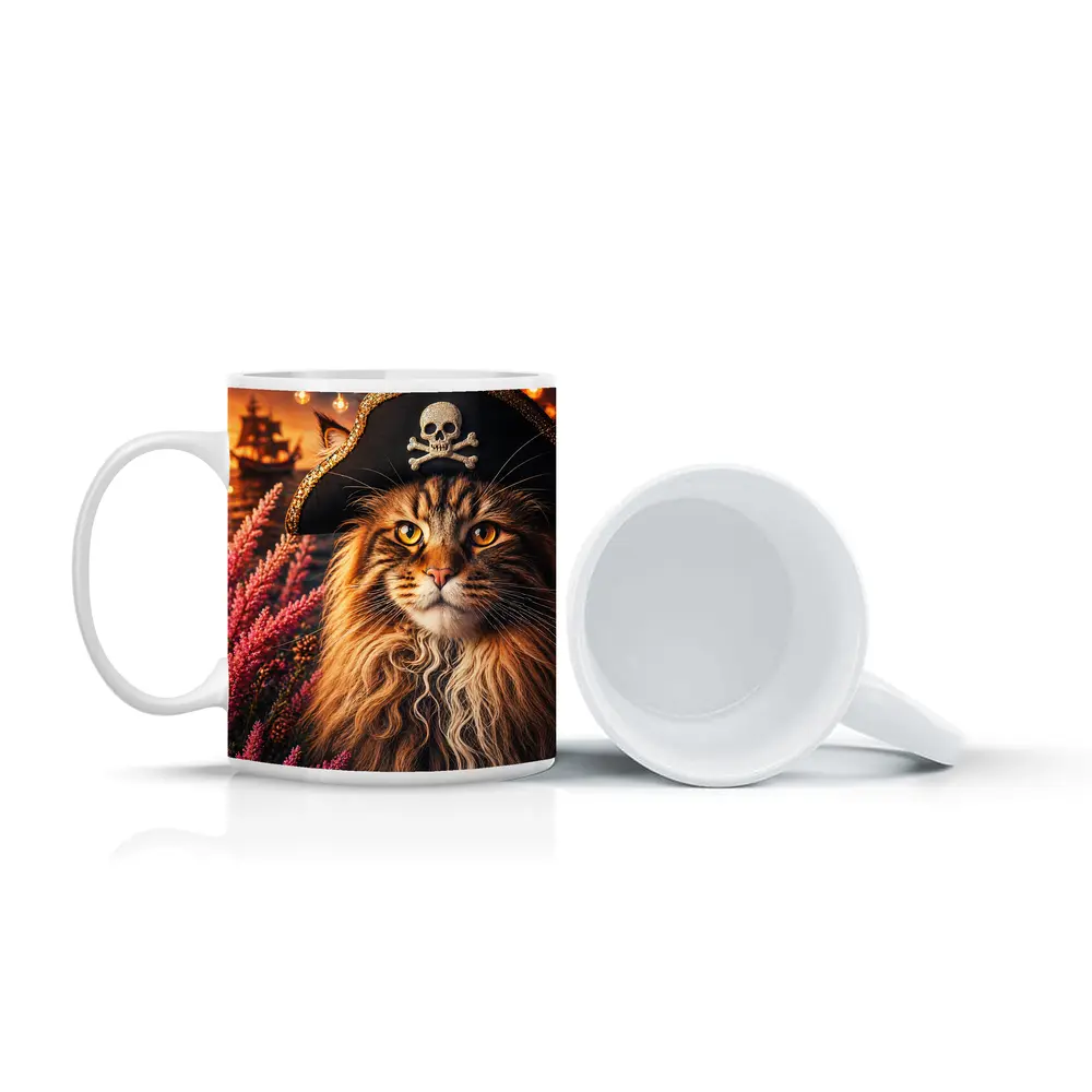 Maine Coon Pirate Cat Sunset Ship Scene – Mugs