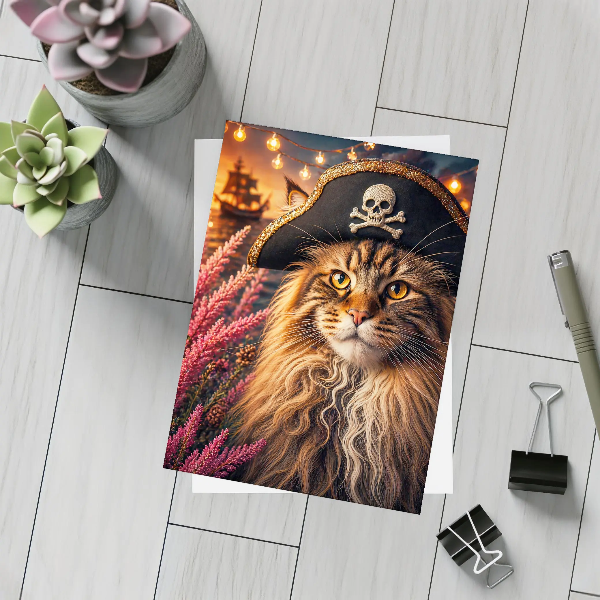 Maine Coon Pirate Cat Sunset Ship Scene – Postcards