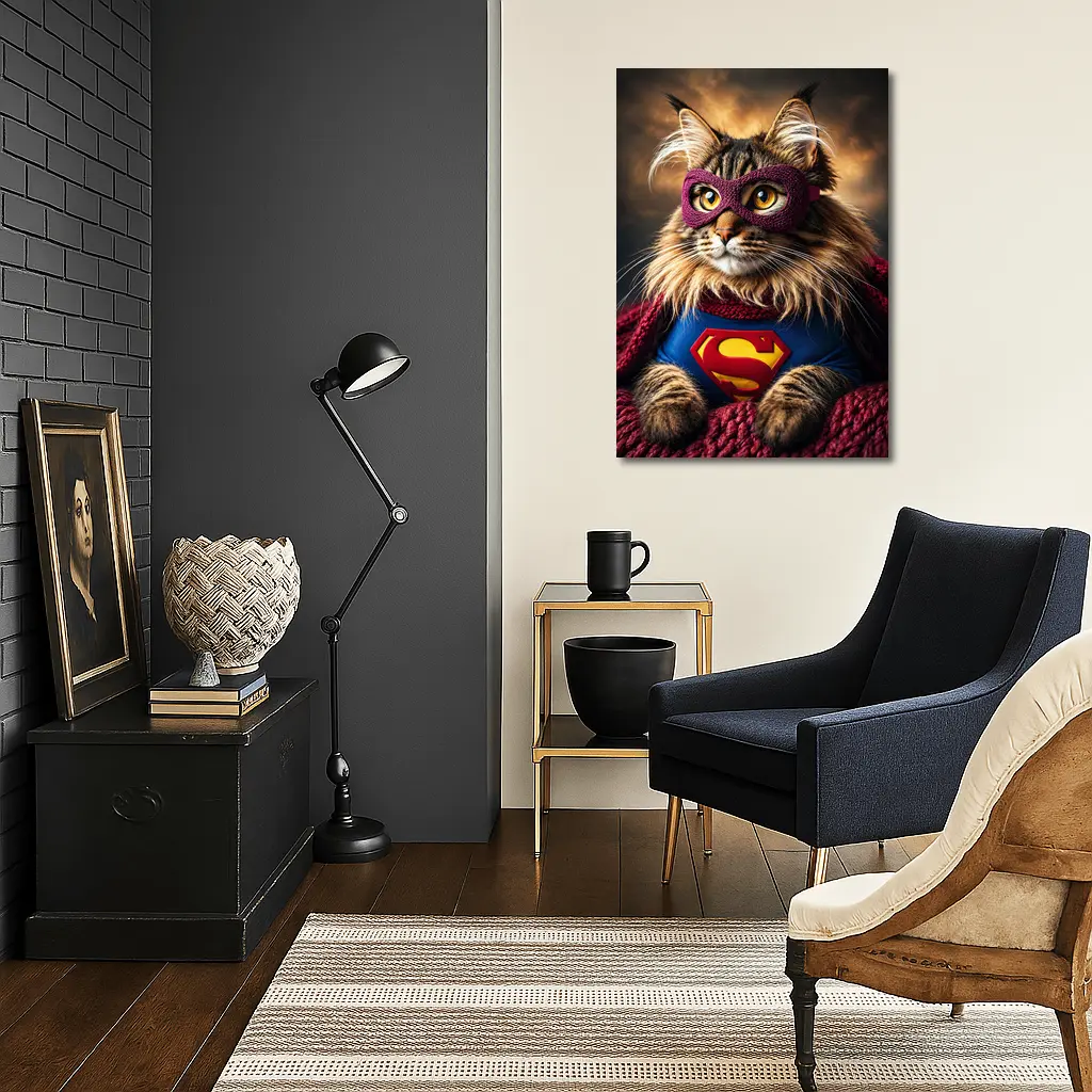 Maine Coon Cat Superhero Costume Dark Sky – Wall Art