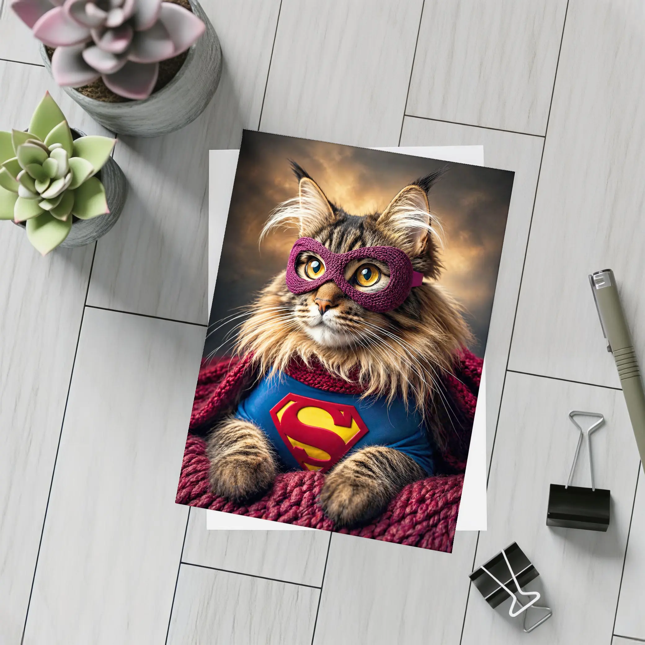 Maine Coon Cat Superhero Costume Dark Sky – Postcards