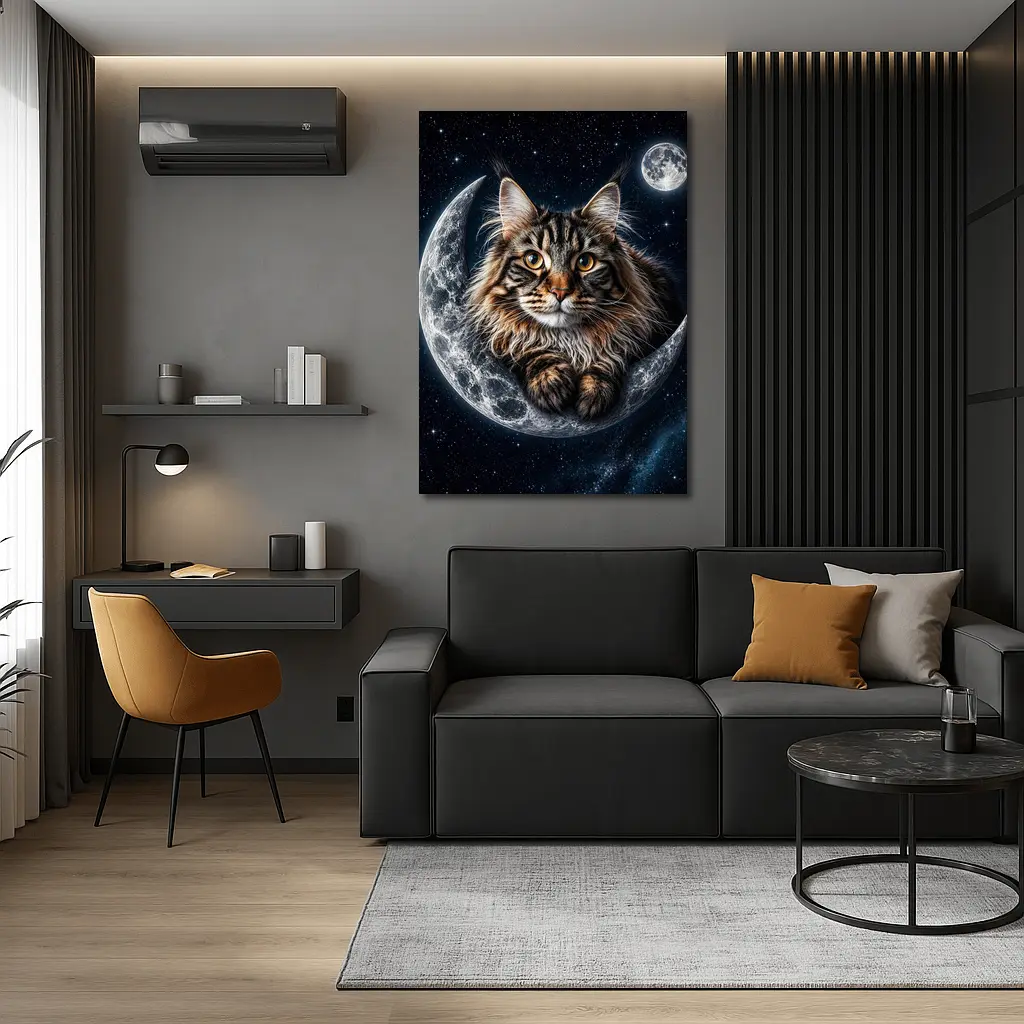 Maine Coon Cat Resting On Crescent Moon – Wall Art