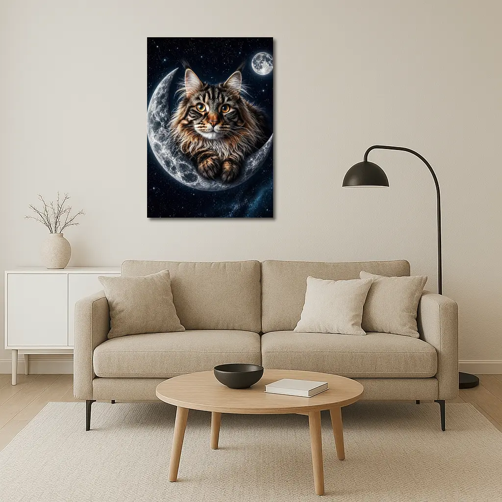 Maine Coon Cat Resting On Crescent Moon – Wall Art