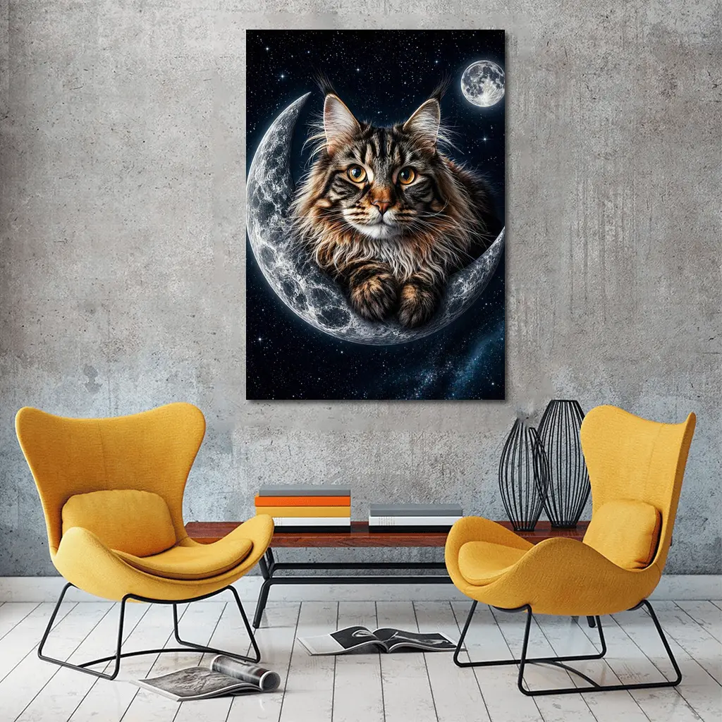 Maine Coon Cat Resting On Crescent Moon – Wall Art