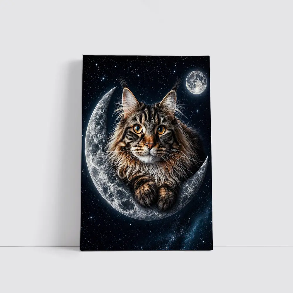 Maine Coon Cat Resting On Crescent Moon – Wall Art