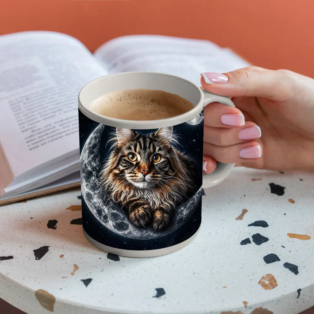 Maine Coon Cat Resting On Crescent Moon – Mugs