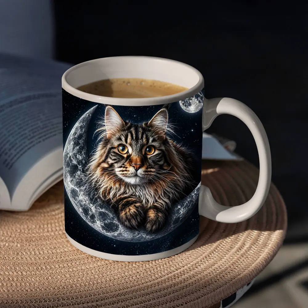 Maine Coon Cat Resting On Crescent Moon – Mugs