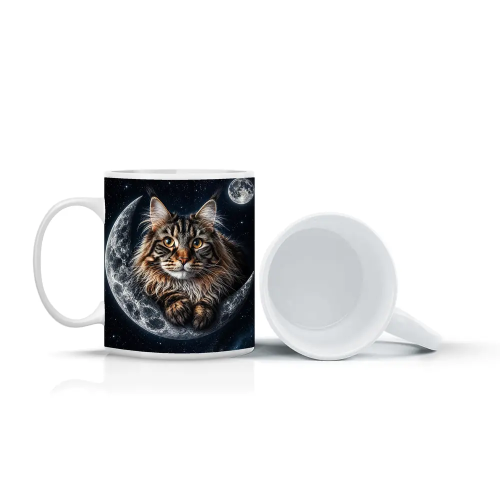 Maine Coon Cat Resting On Crescent Moon – Mugs