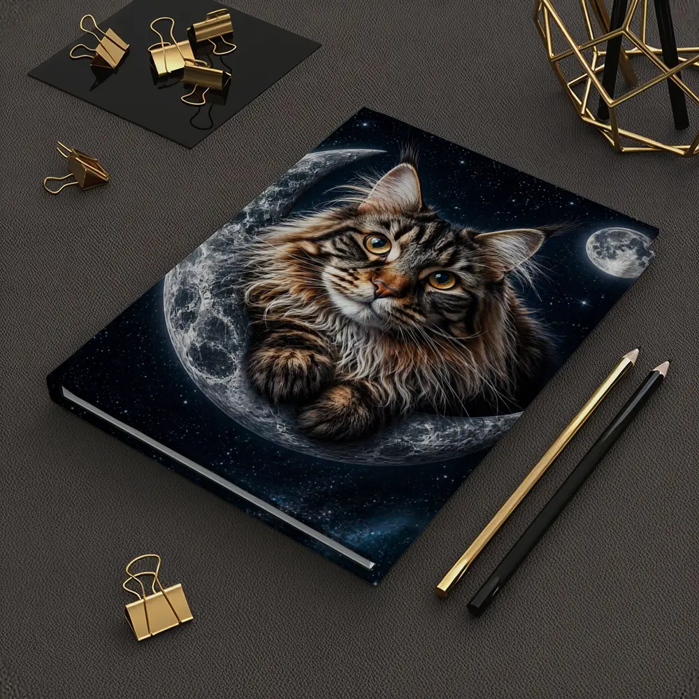 Maine Coon Cat Resting On Crescent Moon – Notebooks