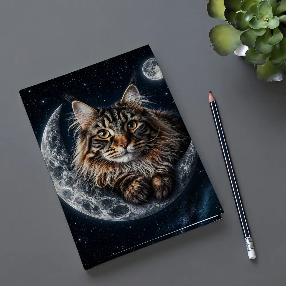 Maine Coon Cat Resting On Crescent Moon – Notebooks