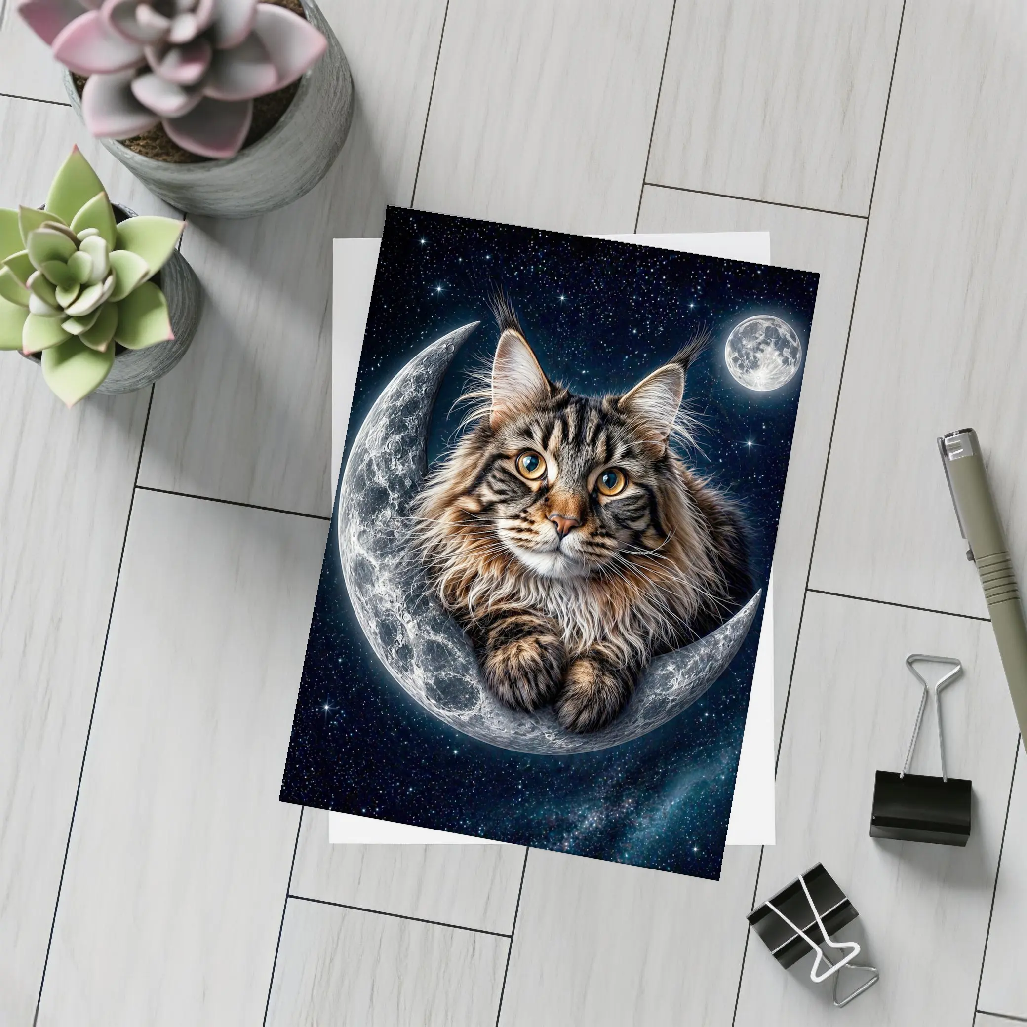 Maine Coon Cat Resting On Crescent Moon – Postcards