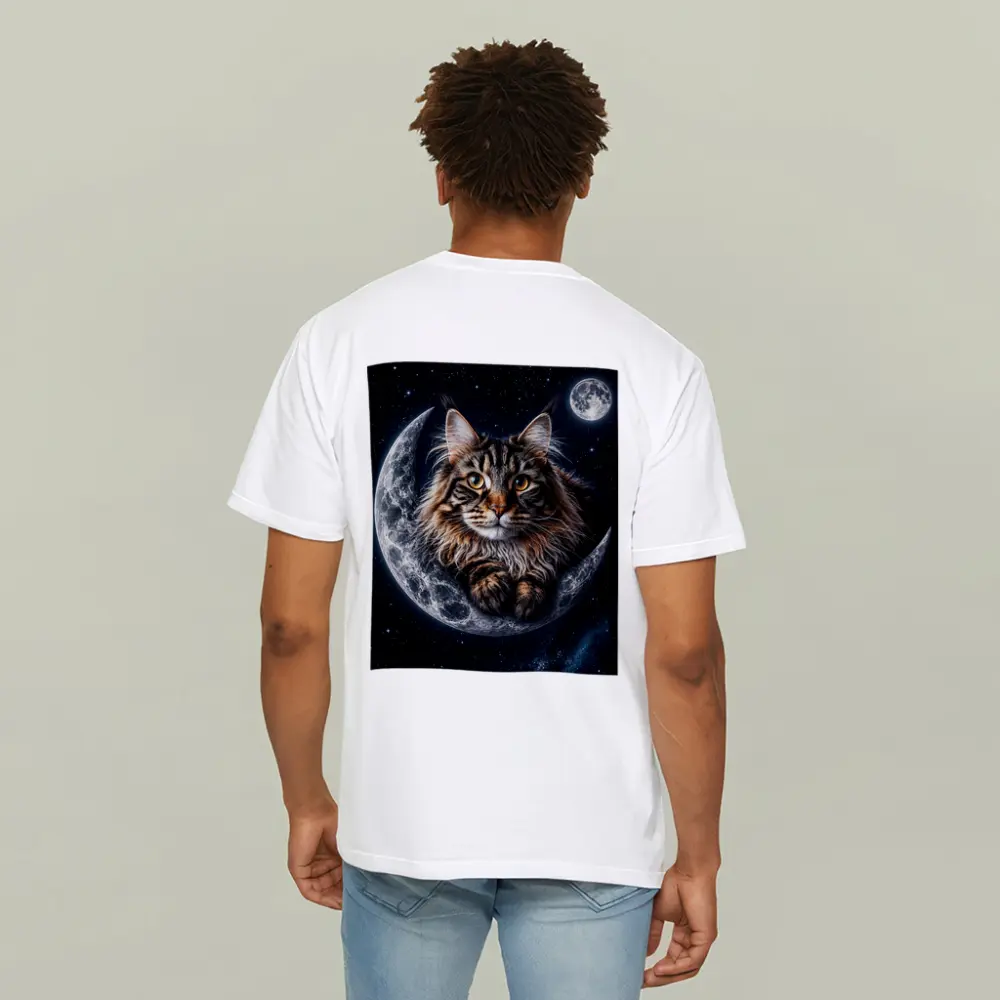 Maine Coon Cat Resting On Crescent Moon – T-Shirts
