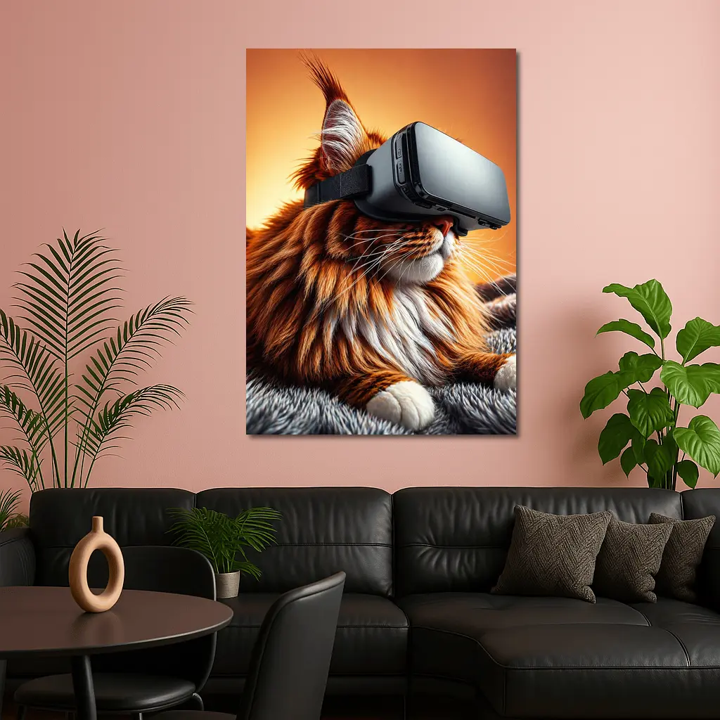 Maine Coon Cat Wearing VR Headset Orange Background – Wall Art